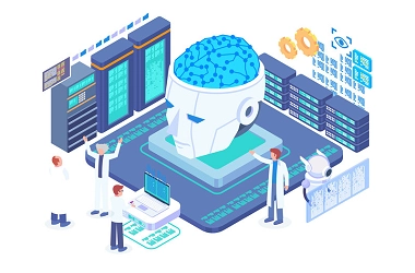 A cartoon of an artificial intelligence, a group scientists working on it